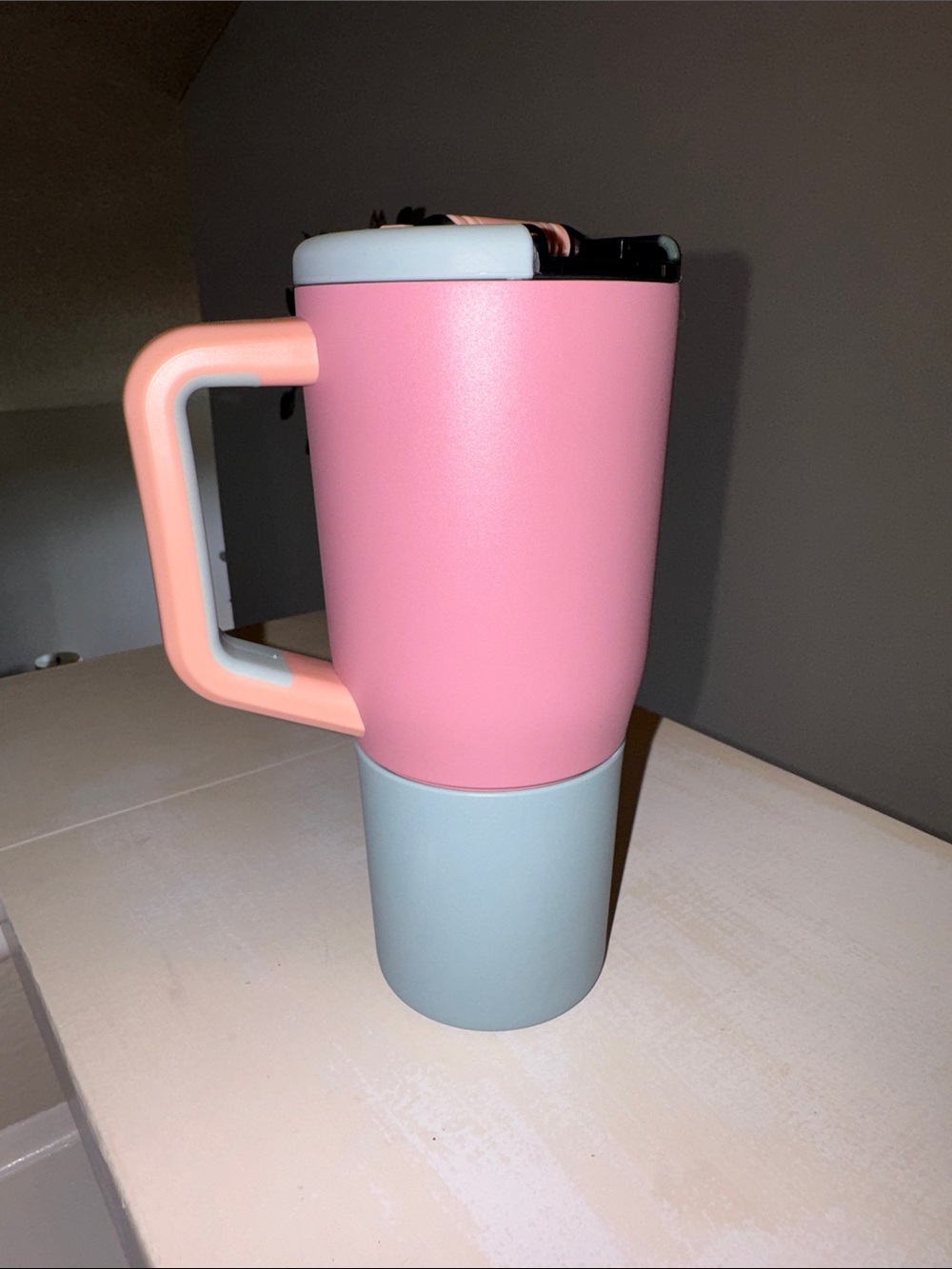 Double-Wall Insulated Travel Mug in Pink and Mint with Peach Handle